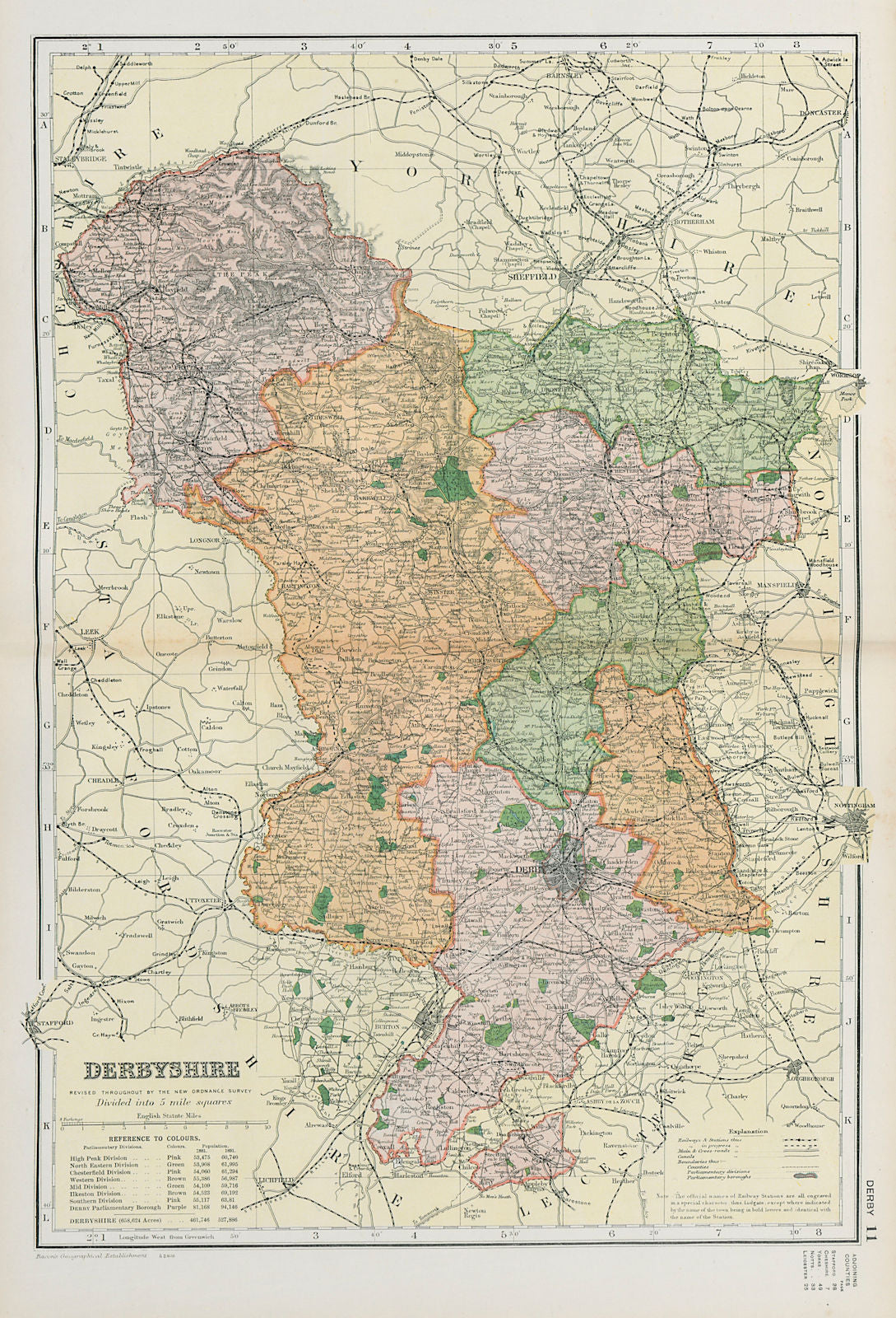 DERBYSHIRE. Showing Parliamentary divisions, boroughs & parks. BACON 1900 map